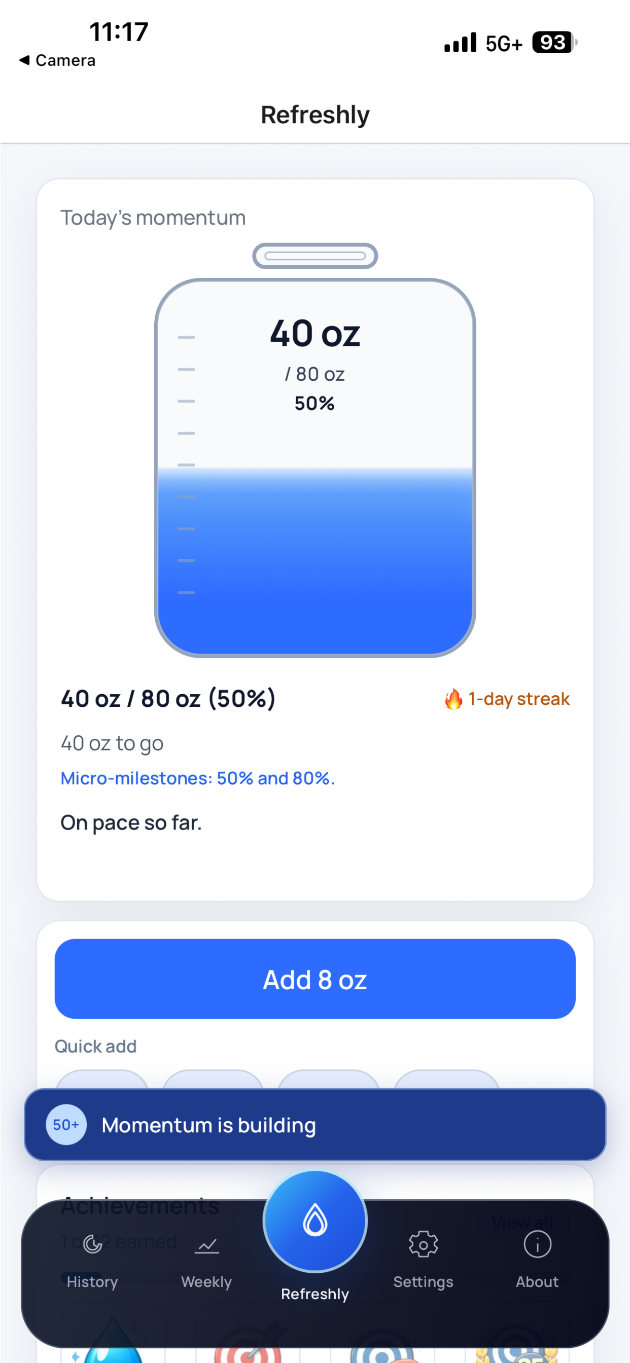 Refreshly main tracker screen showing hydration progress