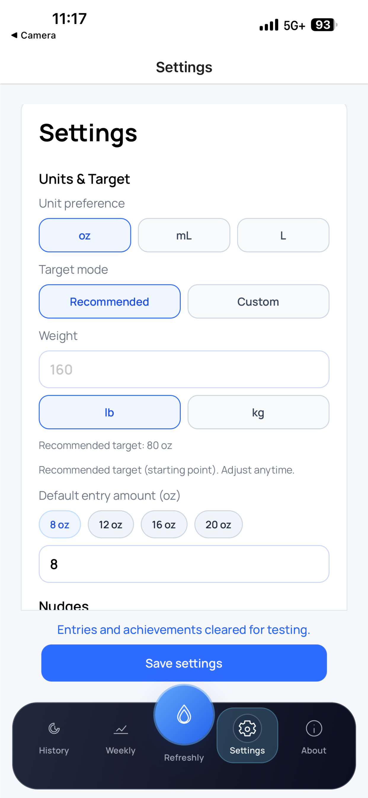 Refreshly settings screen